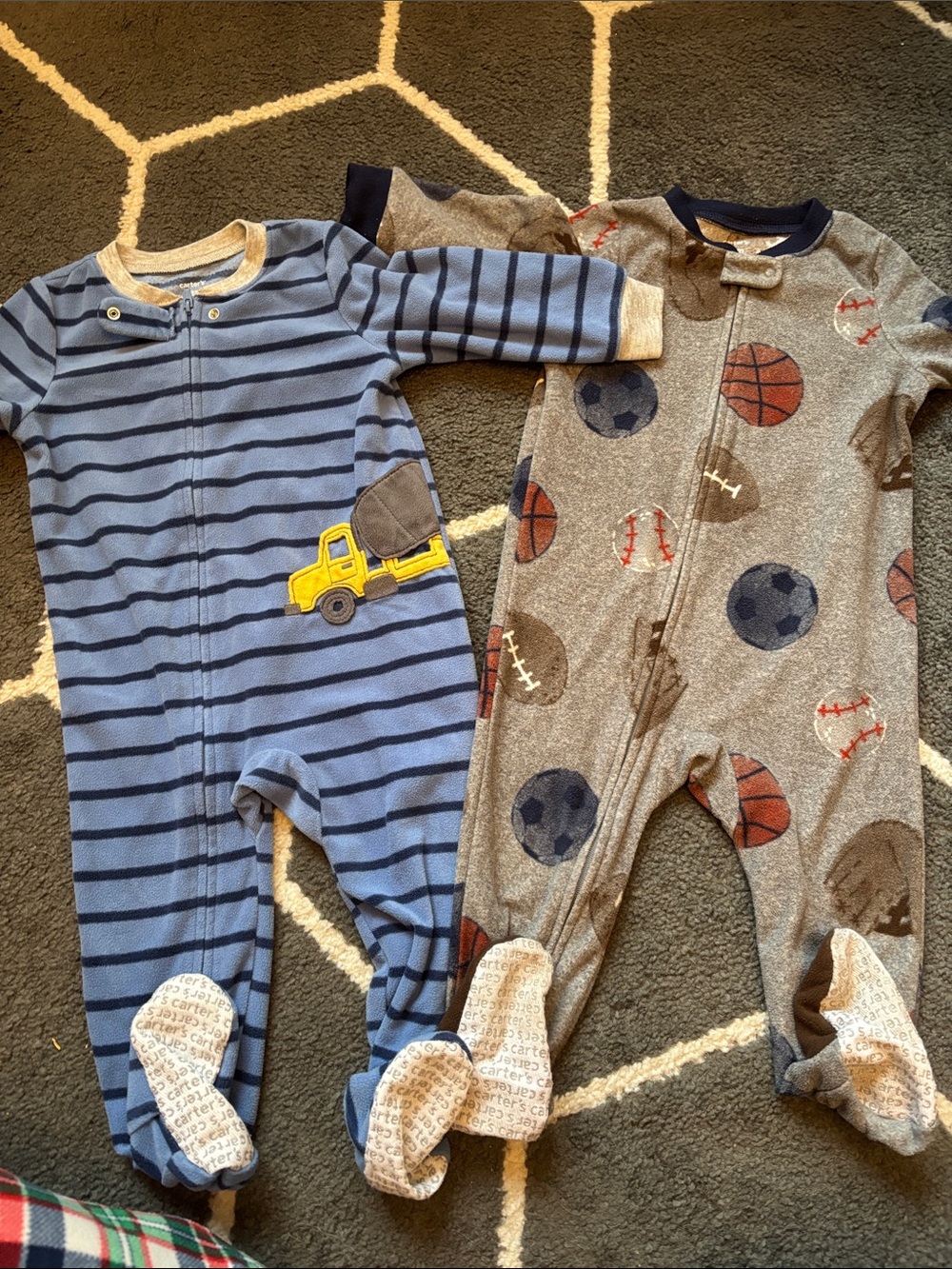 Carter's Blue Striped Footed One-Piece with Yellow Truck Applique